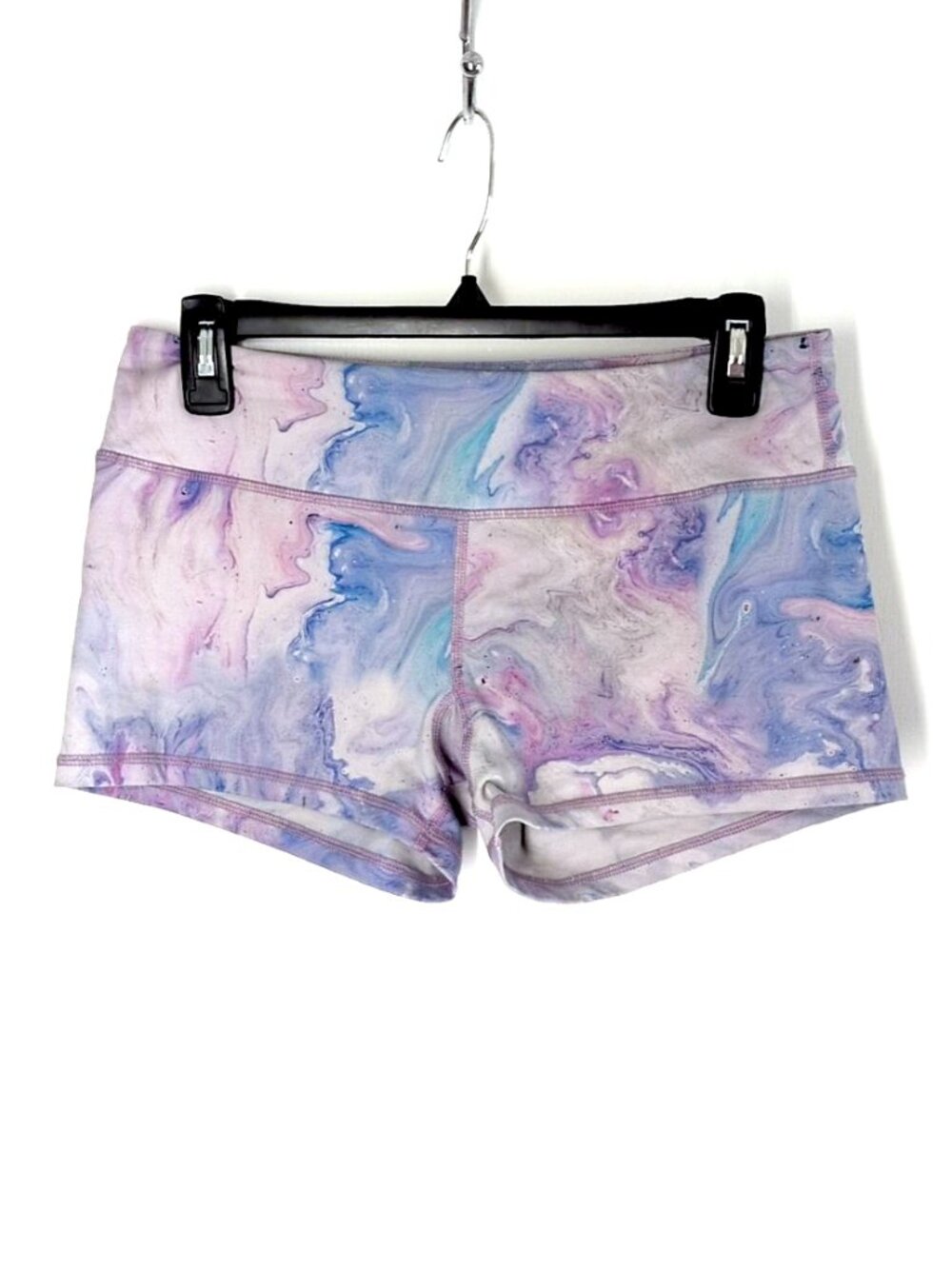 Savage Barbell mid rise pastel watercolor purple/pink/blue booty shorts L 2.5"